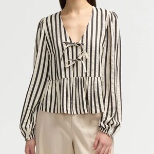 NVLT Black and White Striped Lace-Up Blouse Peplum Top two bows size S